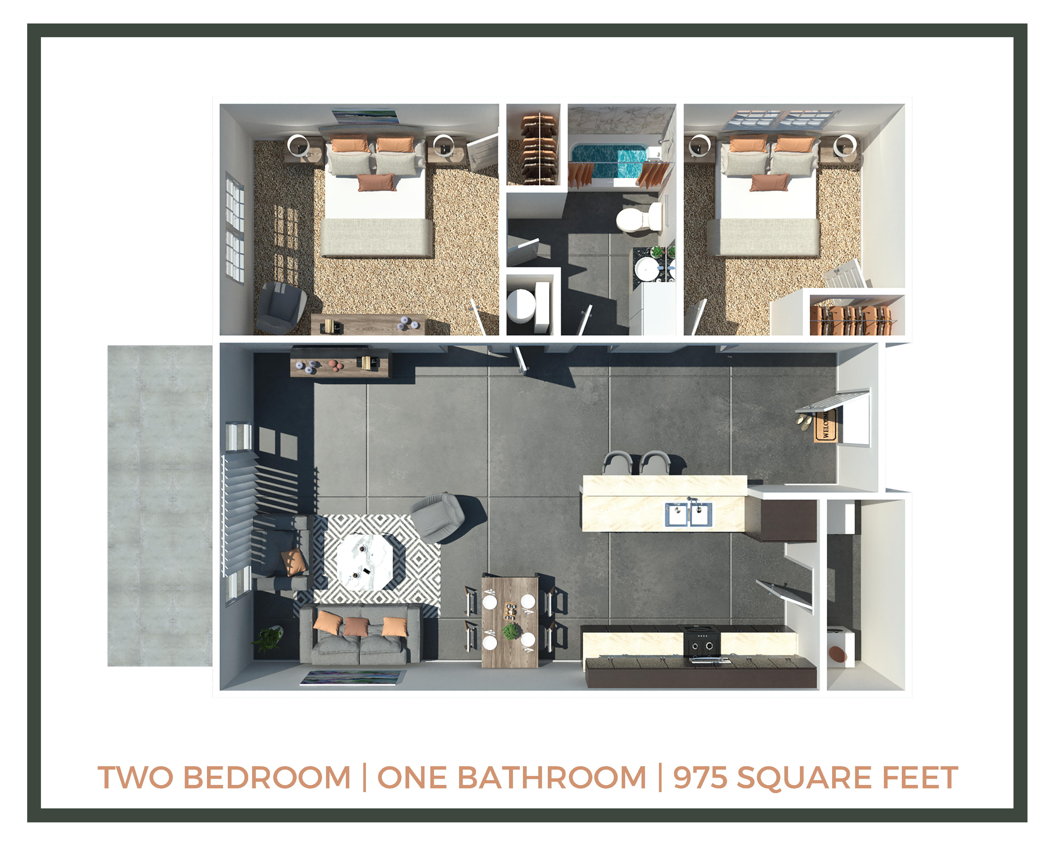 Floor plan for 2 beds, 1 bath, 975 sqft
